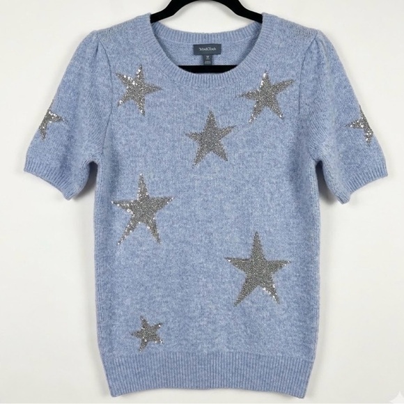 ModCloth Sweater Blue Silver Sequin Stars Short Sleeve Celestial - Picture 2 of 5